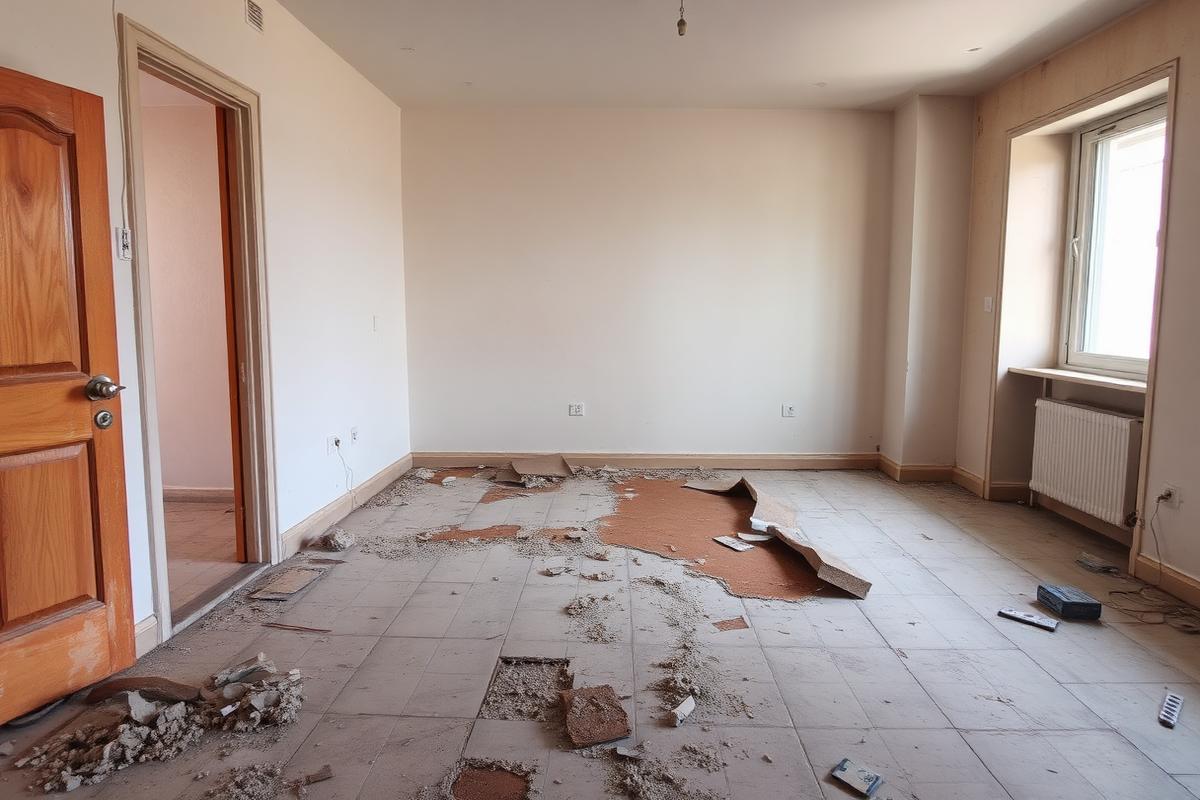 Sala com pavimento antigo levantado antes da obra em Setúbal